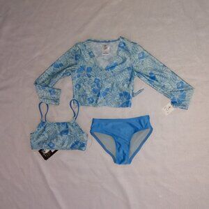GIRLS SIZE 4/5 Floral Rainbow Print 3-Piece Long-Sleeve Rash Guard bikini set